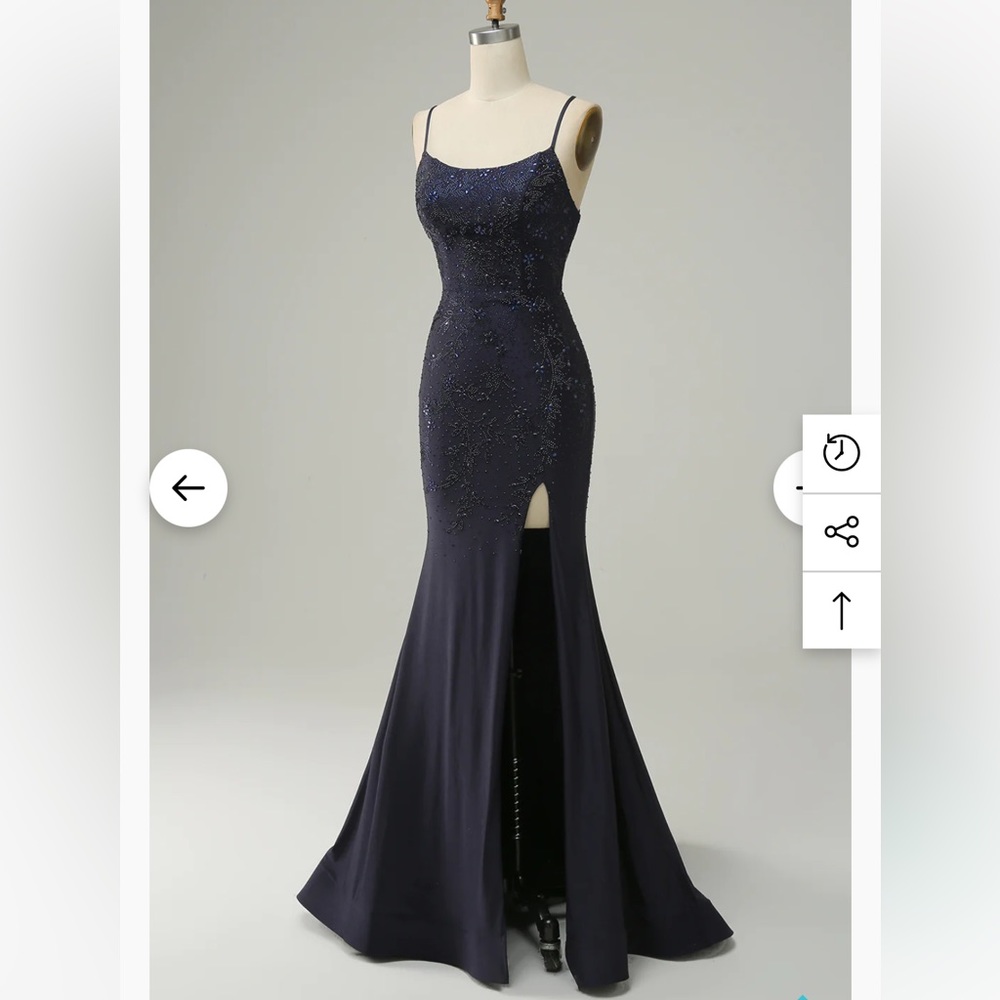 Navy Blue Beaded Lace Up Prom Dress